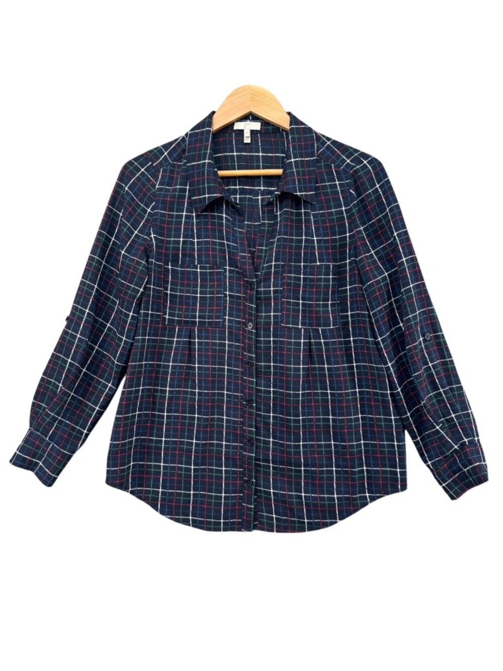 Joie Cartel Plaid Top Womens Navy Blue Long Roll Tab Sleeve Collared Button Sz S